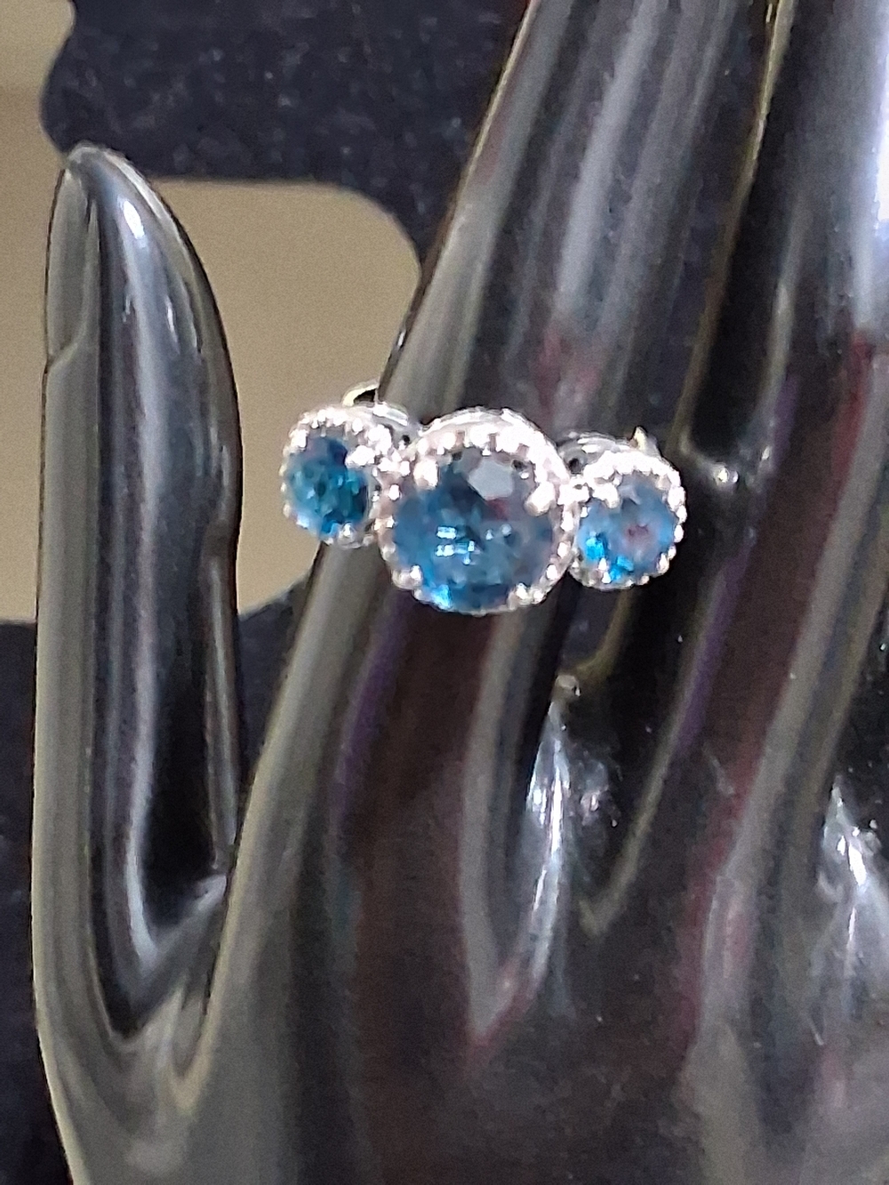 RSZ 925 Sterling Silver London Blue Topaz 3 Stone Halo Ring Vintage Style - Picture 5 of 5